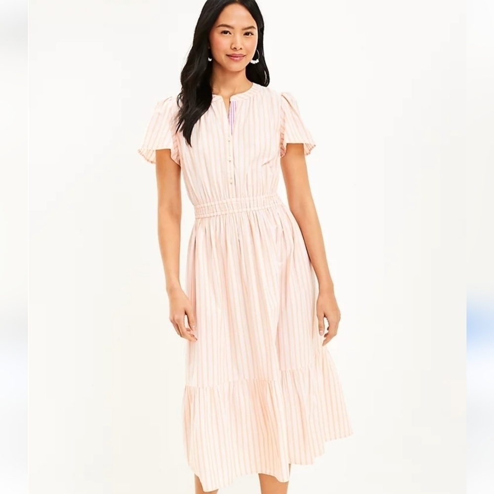 LOFT Striped Dress Smocked Waist Button V-Neck Midi